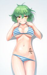  aposine bikini bikini_pull blush breasts closed_mouth clothes_pull collarbone commentary commission cowboy_shot english_commentary female fingersmile gradient_background green_hair hair_between_eyes head_tilt highres hikage_(senran_kagura) large_breasts looking_at_viewer messy_hair navel senran_kagura short_hair silhouette smile solo standing striped_bikini striped_clothes swimsuit tattoo thigh_gap yellow_eyes 