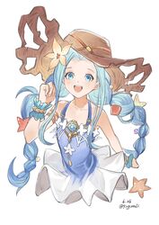  :d absurdres arm_behind_back blue_dress blue_eyes blue_hair blush brown_hat collarbone commentary_request cropped_legs dated dress drill_hair female floating_hair granblue_fantasy hair_intakes hat highres kaeru_(qingwali) long_hair looking_at_viewer lyria_(daughter_of_pearl)_(granblue_fantasy) lyria_(granblue_fantasy) official_alternate_costume open_mouth pleated_dress short_dress simple_background sleeveless sleeveless_dress smile solo straw_hat twin_drills twitter_username two-tone_dress very_long_hair white_background white_dress wrist_cuffs 