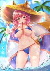  animal_ear_fluff animal_ears ass_visible_through_thighs bad_id bad_twitter_id bikini blue_bikini blush bracelet breasts cameltoe cleavage cloud commentary_request day fate/grand_order fate_(series) female fox_ears fox_print fox_tail hat highres holding holding_clothes holding_swimsuit honoka_chiffon innertube jewelry large_breasts long_hair looking_at_viewer looking_down navel outdoors palm_tree pink_hair sky solo straw_hat swim_ring swimsuit tail tamamo_(fate) tamamo_no_mae_(swimsuit_lancer)_(fate) tree wading water yellow_eyes 