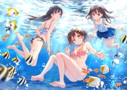  3girls air_bubble animal ass bare_arms bare_shoulders barefoot bikini black_bikini black_hair blue_shirt blue_skirt blush bracelet breasts bubble butterflyfish cleavage closed_mouth commentary_request feet fish floating_hair floral_print freediving front-tie_top fukahire_(ruinon) grin hair_ornament halterneck jewelry light_rays long_hair looking_at_viewer medium_breasts miniskirt mismatched_bikini multiple_girls navel ocean original parted_lips pink_bikini plaid school_of_fish shirt short_hair side-tie_bikini_bottom skirt sleeveless sleeveless_shirt smile sorai_kanami sorai_mahiru_(fukahire) sorai_yuuka star_(symbol) star_hair_ornament sunlight swimsuit thighs tropical_fish two_side_up underwater water 