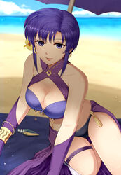  bad_id bad_pixiv_id beach beach_towel beach_umbrella bikini blue_sky breasts cleavage cloud collarbone commentary_request criss-cross_halter day earrings female fire_emblem fire_emblem:_the_blazing_blade fire_emblem_heroes flower hair_flower hair_ornament halterneck highres jewelry kneeling large_breasts ocean outdoors pazuzu438 purple_bikini purple_eyes purple_hair purple_sarong sarong short_hair sky solo swimsuit thigh_strap towel umbrella ursula_(fire_emblem) ursula_(summer)_(fire_emblem) 