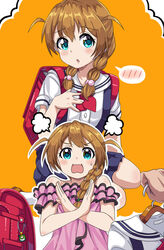  aqua_eyes baba_konomi backpack bad_id bad_pixiv_id bag bare_shoulders braid brown_hair commentary_request female hair_over_shoulder highres idolmaster idolmaster_million_live! long_hair looking_at_viewer orange_background pov pov_hands randoseru rejection school_uniform single_braid skirt solo_focus suspender_skirt suspenders sweatdrop takezaka_tarou twin_braids 