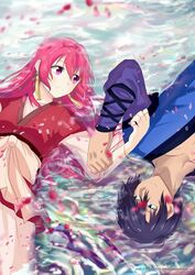  1boy akatsuki_no_yona black_hair blue_eyes closed_eyes closed_mouth collarbone commentary_request couple dress female from_below hair_between_eyes hak_(akatsuki_no_yona) highres layered_sleeves long_dress long_hair long_sleeves lying on_back red_eyes red_hair short_over_long_sleeves short_sleeves smile straight very_long_hair white_dress xizhi_towards yona_(akatsuki_no_yona) 