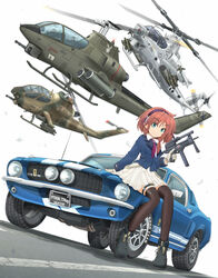  absurdres ah-1_cobra ah-1e_ecas ah-1g_hueycobra ah-1z_viper aircraft arm_support black_footwear black_thighhighs blue_jacket brown_hair car closed_mouth commentary_request dress_shirt english_text female ford ford_mustang ford_mustang_(1st_generation) goodyear green_eyes gun hair_tie hairband helicopter highres holding holding_gun holding_weapon jacket jatimatic logo long_sleeves looking_at_viewer mikeran_(mikelan) miniskirt missile motor_vehicle muscle_car neckerchief on_vehicle original partial_commentary pilot pleated_skirt purple_hairband purple_neckerchief road roundel shadow shelby_gt500 shirt shoes short_hair side_ponytail sitting sitting_on_car skirt smile solo submachine_gun thigh_strap thighhighs united_states_army united_states_marine_corps vehicle_focus weapon white_background white_shirt white_skirt wing_collar 