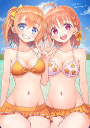  2girls ahoge bad_id bad_pixiv_id bikini birthday blue_eyes braid breasts cleavage cloud cloudy_sky commentary_request dated day grin hair_ribbon happy_birthday highres in-franchise_crossover kosaka_honoka love_live! love_live!_school_idol_project love_live!_sunshine!! medium_breasts miyamae_porin multiple_girls ocean one_side_up orange_hair outdoors red_eyes ribbon short_hair side_braid sidelocks sky smile swimsuit takami_chika twitter_username v 