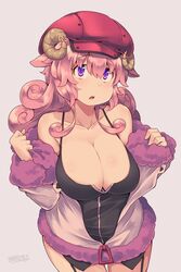  bare_shoulders breasts cleavage collarbone commentary_request cowboy_shot female fur_trim garter_straps grey_background hat horns kuromiya kuzakura_mika_(kuromiya) large_breasts long_hair open_mouth original pink_hair purple_eyes solo 