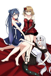  3girls absurdres bell bellona_(epic_seven) black_hair breasts brown_hair commentary_request dress epic_seven green_eyes hair_ribbon highres large_breasts looking_at_viewer multiple_girls open_mouth red_eyes ribbon tail tamarinne_(epic_seven) twomoon white_hair yufine_(epic_seven) 