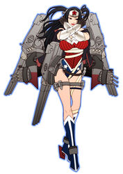  black_hair blue_eyes boots breasts chiba_toshirou crossed_arms dc_comics female full_body fusion huge_breasts kantai_collection knee_boots leotard lips long_hair looking_at_viewer mecha_musume musashi_(kancolle) outline photoshop_(medium) solo superhero_costume two_side_up white_background wonder_woman wonder_woman_(series) 