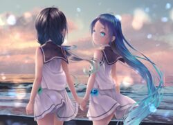  2girls blue_eyes blue_hair closed_mouth cloud cloudy_sky commentary_request gradient_hair gradient_sky hair_flaps hair_ribbon hand_grab hane_yoshiyumi highres kantai_collection long_hair looking_at_another low_twintails multicolored_hair multiple_girls ocean ribbon sailor_collar samidare_(kancolle) school_uniform serafuku shirt sky sleeveless sleeveless_shirt smile suzukaze_(kancolle) twintails very_long_hair white_sailor_collar 