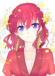  akatsuki_no_yona blue_eyes closed_mouth collarbone commentary_request earrings female hair_between_eyes head_tilt jewelry looking_at_viewer medium_hair red_hair short_sleeves solo twitter_username upper_body white_background yona_(akatsuki_no_yona) yuiko1000 