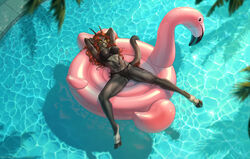  2019 animal_pool_toy anthro arms_bent bent_leg bikini black_body black_fur cervine clothing day deer detailed_background digital_media_(artwork) domestic_cat etskuni extended_leg felid feline felis female foot_over_edge fur hair hands_behind_head hooves horn hybrid inanimate_object inflatable inflatable_ride inflatable_support lying lying_on_pool_toy mammal midriff narrow_tail navel on_back on_pool_toy outside over_edge pool_toy raised_arms red_hair road~abelgeym solo spread_legs spreading supported_legs supported_tail swimwear tail tail_over_edge thin_tail up_and_over water yellow_eyes 