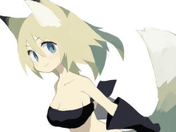  animal_ears bandeau bare_shoulders black_bandeau black_gloves blue_eyes blush_stickers breasts brown_hair cleavage closed_mouth collarbone commentary_request female fox_ears fox_girl fox_tail gloves hair_between_eyes long_hair medium_breasts mole mole_under_eye original pappii_(paprika_shikiso) paprika_shikiso simple_background smile solo tail tail_raised white_background 