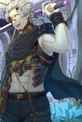  1boy abs anval belt belt_pouch black_cape cape chains commentary_request day eyepatch facial_mark graffiti_smash highres holding holding_sword holding_weapon kuronotenji male_focus midriff navel open_mouth outdoors pants pouch scar scar_on_face spiked_hair standing sword weapon white_hair yellow_eyes 