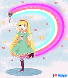  :d absurdres arm_up bad_anatomy bag blonde_hair blue_eyes boots collared_dress demon_horns dress female full_body green_dress hairband heart heart_cheeks highres holding holding_wand horns long_hair looking_at_viewer open_mouth outstretched_arm pantyhose patreon_username rainbow self-upload short_sleeves shoulder_bag smile solo sparkle spiked_boots standing standing_on_one_leg star_(symbol) star_butterfly star_vs_the_forces_of_evil striped_clothes striped_pantyhose takeshi~ wand yellow_bag 