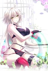  :d ahoge artist_name bikini black_bikini black_choker black_gloves blush breasts choco_chip choker cleavage collarbone commentary_request fate/grand_order fate_(series) female flower gloves grin hair_between_eyes highres innertube jeanne_d&#039;arc_alter_(fate) jeanne_d&#039;arc_alter_(swimsuit_berserker)_(fate) lace lace-trimmed_legwear lace_trim large_breasts long_hair looking_at_viewer midriff navel o-ring o-ring_bikini o-ring_bottom o-ring_top open_mouth petals red_thighhighs rose seiza sidelocks single_thighhigh sitting smile solo stomach swim_ring swimsuit teeth thigh_strap thighhighs very_long_hair white_hair yellow_eyes 