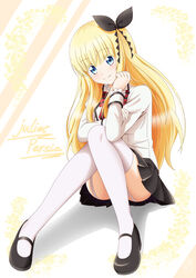  absurdres black_bow black_footwear black_skirt blazer blonde_hair blue_eyes blush bow character_name closed_mouth commentary_request dahlia_academy_boarding_school_uniform female full_body garter_straps hairbow head_tilt highres jacket juliet_persia ken-ji kishuku_gakkou_no_juliet long_hair long_sleeves looking_at_viewer mary_janes miniskirt pleated_skirt red_bow school_uniform shoes sitting skirt smile solo striped striped_bow thighhighs very_long_hair white_background white_jacket white_thighhighs zettai_ryouiki 