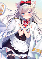  :&lt; amane_kurumi american_flag american_flag_neckwear american_flag_print animal_ear_fluff animal_ears apron azur_lane black_bow black_thighhighs blue_eyes blush bow bow_choker buttons cat_ears choker closed_mouth collarbone commentary_request epaulettes female flag_print floating_hair frilled_apron frills grey_hair hairbow hammann_(azur_lane) head_tilt jacket jacket_on_shoulders long_hair looking_at_viewer maid maid_apron military_jacket necktie red_bow red_choker solo thighhighs tsundere very_long_hair waist_apron white_apron white_jacket wrist_cuffs 