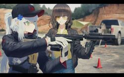  2girls absurdres alternate_costume alternate_hairstyle assault_rifle black_border black_gloves blunt_bangs blush border braid buttons cigarette commentary_request day denim eyelashes girls&#039;_frontline gloves green_eyes gun h&amp;k_hk416 h&amp;k_usp hair_ornament hair_over_shoulder handgun hat headphones headphones_around_neck highres hk416_(girls&#039;_frontline) holding holding_gun holding_weapon jacket jeans ladic letterboxed long_hair long_sleeves m16a1_(girls&#039;_frontline) m1911 motor_vehicle mouth_hold multicolored_hair multiple_girls outdoors pants pickup_truck ponytail rifle shirt shooting_range standing streaked_hair sunglasses target_practice traffic_cone truck weapon white_gloves 