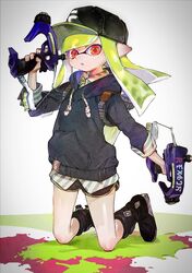  :o bad_id bad_twitter_id baseball_cap black_footwear black_hat black_shirt black_shorts blunt_bangs blunt_ends boots commentary dapple_dualies_(splatoon) dolphin_shorts drawstring dual_wielding female green_hair hat highres holding holding_weapon hood hoodie ink_tank_(splatoon) inkling inkling_(language) inkling_girl inkling_player_character kneeling long_hair long_sleeves looking_at_viewer open_mouth paint_splatter pointy_ears print_headwear red_eyes shima_(5p6p7p) shirt short_shorts shorts sleeves_rolled_up solo splatoon_(series) splatoon_2 symbol-only_commentary tentacle_hair weapon 