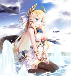  :d afloat aircraft airplane azur_lane black_thighhighs blonde_hair blue_eyes blue_sky blurry breasts chains cleavage cloud cloudy_sky commentary day depth_of_field explosion female flight_deck hair_ornament hawker_hurricane horizon laurel_crown long_hair looking_away machinery navel nitchi ocean open_mouth see-through sitting sky smile solo thighhighs turret victorious_(azur_lane) wariza wet zettai_ryouiki 