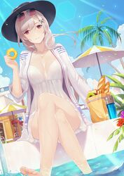  alexiel_(pixiv6211566) azur_lane barefoot blue_sky blush breasts butterfly_hair_ornament cleavage commentary_request crossed_legs doughnut dress dunkerque_(afternoon_venus)_(azur_lane) dunkerque_(azur_lane) eyewear_on_head feet female food grey_hair hair_ornament hairclip hat highres jacket jewelry large_breasts legs lens_flare long_hair looking_at_viewer md5_mismatch necklace official_alternate_costume open_clothes open_jacket outdoors pink_eyes short_dress sidelocks sitting sky smile solo sun_hat sunglasses sunlight thighs white_dress white_jacket 