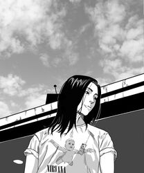  1boy band_shirt beck cloud commentary english_commentary greyscale highres long_hair male_focus merchandise minami_ryuusuke monochrome nevermind nirvana_(band) outdoors shirt short_sleeves solo t-shirt upper_body zero_intel 