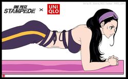  bare_shoulders black_hair blue_eyes bra breasts chris_re5 eyewear_on_head female high_heels long_hair midriff nico_robin one_piece one_piece:_stampede pants planking profile purple_bra purple_legwear solo stomach stretching sunglasses sweatdrop sweatpants underwear uniqlo yoga_mat 