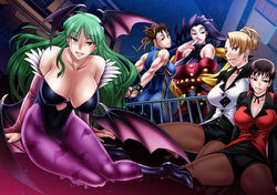  5girls alternate_costume animal_print ass bat_print bat_wings blonde_hair blue_eyes bodysuit boots breasts bridal_gauntlets brown_hair card chiba_toshirou choker chun-li cleavage collage commentary_request covered_nipples crossover demon_girl detached_sleeves double_bun elbow_gloves gloves green_hair hair_bun hair_ribbon hair_slicked_back head_wings high_heel_boots high_heels holding holding_card huge_breasts large_breasts leotard lips long_hair looking_at_viewer low_wings mature_(kof) morrigan_aensland multiple_crossover multiple_girls muscular muscular_female night pantyhose print_pantyhose purple_hair purple_legwear purple_wings ribbon rose_(street_fighter) short_hair shorts shorts_under_skirt sleeveless street_fighter street_fighter_zero_(series) studded_bracelet tarot tarot_(card) the_king_of_fighters vampire_(game) very_short_hair vice_(kof) wings 