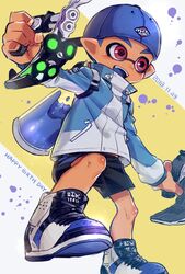  1boy backwards_hat baseball_cap blue_hair blue_tongue blush colored_tongue dated fangs happy_birthday hat highres inkling inkling_boy inkling_player_character jacket male_focus open_mouth red_eyes shoes shorts solo splatoon_(series) tetra_dualies_(splatoon) utsunomiya_hetaru 