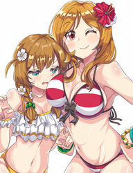  2girls aqua_eyes baba_konomi bad_id bad_pixiv_id bangle bikini bracelet braid breast_envy breast_press breasts brown_eyes brown_hair collarbone commentary flower hair_flower hair_ornament hair_over_shoulder highres idolmaster idolmaster_million_live! jewelry large_breasts long_hair looking_at_viewer momose_rio multiple_girls navel one_eye_closed red_eyes small_breasts smile striped_bikini striped_clothes sweatdrop swimsuit takezaka_tarou tied_hair twin_braids white_background 