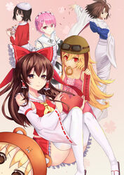  6+girls absurdres animal_hood ascot ass asuna_(sao) bakemonogatari bare_shoulders beige_background beret black_hair blue_sash blush bow breasts brown_eyes brown_hair cameo character_print chemise chinese_commentary commentary_request crossover detached_sleeves doma_umaru doughnut dress fanxing_xt feet_out_of_frame food frilled_bow frilled_sleeves frills from_behind goggles goggles_on_headwear gradient_background hair_between_eyes hair_ornament hair_tubes hairbow hakurei_reimu hamster_hood hat heart helmet highres himouto!_umaru-chan holding holding_heart hood japanese_clothes juliet_sleeves kara_no_kyoukai katou_megumi kimono knees_up komaru_(himouto!_umaru-chan) kotori_photobomb long_hair long_sleeves looking_at_viewer looking_back maid maid_headdress midriff_peek miniskirt monogatari_(series) mouth_hold multiple_girls obi oshino_shinobu peeping petals photoshop_(medium) pink_background pink_dress pink_hair puffy_sleeves ram_(re:zero) re:zero_kara_hajimeru_isekai_seikatsu red_bow red_eyes red_shirt red_skirt ryougi_shiki saenai_heroine_no_sodatekata sandals sarashi sash shirt short_hair sidelocks sitting skirt skirt_set small_breasts smile spaghetti_strap sword_art_online thighhighs thighs touhou translated very_long_hair white_headwear white_kimono white_skirt white_thighhighs wide_sleeves x_hair_ornament yellow_ascot 