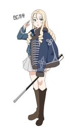  absurdres bad_id bad_twitter_id bc_freedom_military_uniform blonde_hair blue_jacket blue_vest boots dolman_(jacket) drill_hair female girls_und_panzer green_eyes high_collar highres jacket knee_boots long_hair long_sleeves looking_at_viewer marie_(girls_und_panzer) pelisse pleated_skirt salute sheath sheathed simple_background skirt solo standing strap sword thighs vest wani_(perfect_han) weapon white_background white_skirt 