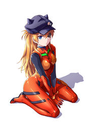  between_legs blue_eyes bodysuit breasts chinese_commentary commentary_request evangelion:_3.0_you_can_(not)_redo eyepatch female fish.boy full_body hand_between_legs hat highres interface_headset long_hair looking_at_viewer medium_breasts neon_genesis_evangelion orange_hair plugsuit rebuild_of_evangelion simple_background sitting solo souryuu_asuka_langley wariza white_background 