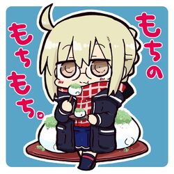  :t ahoge artoria_pendragon_(fate) black_jacket blue_background blue_skirt blue_thighhighs blush braid brown_eyes chibi closed_mouth commentary_request eating fate/grand_order fate_(series) female food fringe_trim full_body glasses hair_between_eyes holding holding_food holding_plate jacket kasuga_yuuki light_brown_hair mysterious_heroine_x_alter_(fate) mysterious_heroine_x_alter_(first_ascension)_(fate) open_clothes open_jacket outline plaid plaid_scarf plate pleated_skirt red_scarf scarf sidelocks skirt solo standing thighhighs translation_request two-tone_background wavy_mouth white_background white_outline 