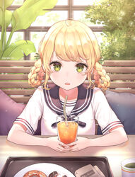  ahoge artist_name black_sailor_collar blonde_hair blush braid braided_hair_rings commentary cup doughnut drinking_glass drinking_straw female food green_eyes hair_rings highres holding juice long_hair looking_at_viewer mug orange_juice original parted_lips plant sailor_collar shirt short_sleeves sidelocks sitting solo soyubee symbol-only_commentary table tray twin_braids white_shirt 