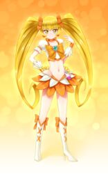  aposine blonde_hair blush boots brooch choker closed_mouth commentary cure_sunshine english_commentary female hand_on_own_hip head_tilt heart heart_brooch heartcatch_precure! high_heels highres jewelry long_hair looking_at_viewer myoudouin_itsuki navel precure puffy_short_sleeves puffy_sleeves short_sleeves skirt smile solo standing twintails very_long_hair white_footwear wrist_cuffs yellow_eyes 