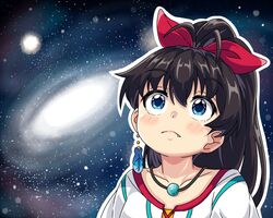  antenna_hair bad_id bad_pixiv_id black_hair blue_eyes bow collarbone commentary earrings fang_out female galaxy ganaha_hibiki hairbow high_ponytail highres idolmaster idolmaster_(classic) install! jewelry looking_up meme necklace oerba_yun_fang outline ponytail single_earring solo space space_cat_(meme) star_(sky) takezaka_tarou upper_body white_outline 