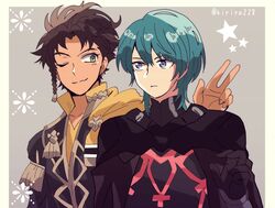  2boys armor black_hair blue_eyes blue_hair brown_hair byleth_(fire_emblem) byleth_(male)_(fire_emblem) cape claude_von_riegan commentary dark-skinned_male dark_skin fire_emblem fire_emblem:_three_houses garreg_mach_monastery_uniform gloves green_eyes hair_ornament highres jewelry kiriya_(552260) looking_at_viewer male_focus multiple_boys one_eye_closed short_hair simple_background smile symbol-only_commentary uniform upper_body v 