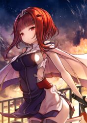  anchor_hair_ornament azur_lane birmingham_(azur_lane) bob_cut brown_eyes brown_hair cape cloud cloudy_sky commentary_request detached_sleeves eorx female hair_ornament hairclip highres leaning_forward looking_at_viewer short_hair_with_long_locks sky solo twilight 