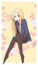  :p absurdres black_pantyhose blonde_hair blush bural_chingu commentary female full_body hair_between_eyes highres korean_commentary lee_ji-min long_hair looking_at_viewer luke_(dydansgur) necktie pantyhose red_eyes skirt smile solo tongue tongue_out 