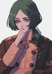  1boy artist_name bishounen blue_eyes blush commentary_request epaulettes fire_emblem fire_emblem:_three_houses garreg_mach_monastery_uniform gravitydusty green_hair grey_background hand_on_own_chin linhardt_von_hevring long_hair low_ponytail male_focus parted_hair solo stroking_own_chin uniform upper_body 