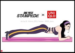  ass bare_shoulders black_hair blue_eyes bra chris_re5 eyewear_on_head female high_heels long_hair midriff nico_robin one_piece one_piece:_stampede pants planking profile purple_bra purple_legwear solo stomach sunglasses sweatdrop sweatpants underwear uniqlo yoga_mat 