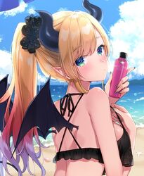  beach bikini bikini_top_only black_horns blonde_hair blue_eyes blue_sky bottle breasts cloud cloudy_sky commentary_request day demon_girl demon_horns demon_wings female fingernails from_behind gradient_hair hair_ornament hair_scrunchie heart holding holding_bottle holding_clothes holding_swimsuit hololive horn_ornament horn_ring horns long_fingernails long_hair looking_at_viewer looking_back lotion masuishi_kinoto medium_breasts multicolored_hair nail_polish ocean official_alternate_hairstyle official_art outdoors pink_hair pointy_ears ponytail sand scrunchie shoulder_blades single_sidelock sky solo sunscreen swept_bangs swimsuit virtual_youtuber wings yuzuki_choco yuzuki_choco_(hololive_summer_2019) 