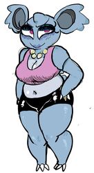  anthro bottomwear breasts bun-bun_(aquabunny) cleavage clothed clothing female generation_1_pokemon jewelry lipstick looking_at_viewer makeup navel necklace nidorina nintendo pokemon pokemon_(species) purple_eyes shorts slightly_chubby solo teribl20xx thick_thighs 