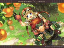  1boy 2008 agate_crosner arm_up artist_request belt black_legwear blonde_hair carrying copyright_name eiyuu_densetsu female fingerless_gloves food from_above fruit fruit_tree full_body gloves goggles goggles_on_head hat headband official_art pants pantyhose pantyhose_under_shorts piggyback red_hair shoes short_hair shorts sora_no_kiseki tita_russell tree 