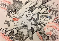  alex_ahad battle blue_eyes boots breasts brown_eyes downscaled folded_ponytail gap glasses horn in_the_face kicking marker_(medium) md5_mismatch medium_breasts multiple_girls ponytail prison_clothes resized scar scarf scythana skullgirls thigh_boots thighhighs torn_clothes traditional_media venus_(skullgirls) 