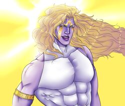  1boy abs armband artist_name blonde_hair colored_skin dio_brando facial_mark heaven_ascended_dio jojo_no_kimyou_na_bouken jojo_no_kimyou_na_bouken:_eyes_of_heaven kakyelling long_hair male_focus muscular muscular_male purple_skin signature solo turtleneck upper_body yellow_background yellow_eyes 