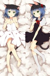  1boy absurdres animal_ears bad_id bad_pixiv_id bare_legs barefoot black_hair blue_hair cat_ears cat_tail crossdressing dakimakura_(medium) green_eyes hair_bobbles hair_ornament highres kiki_(tsunya) kneehighs lying multiple_views off_shoulder on_back on_side otoko_no_ko ryoune_yami school_uniform short_hair side_ponytail skirt socks tail utau white_legwear white_skirt 