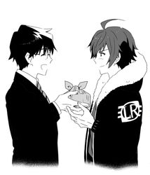  2boys ahoge amagase_touma bad_id bad_pixiv_id bento blush formal fur_trim glasses greyscale idolmaster idolmaster_(classic) idolmaster_side-m jacket male_focus monochrome multiple_boys necktie producer_(idolmaster) producer_(idolmaster_anime) shirahata short_hair smile suit 