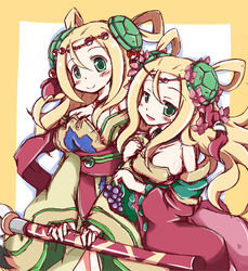  2girls bare_shoulders blonde_hair breasts calligraphy_brush chinese_clothes cleavage commentary_request dual_persona food fruit grapes green_eyes hair_rings large_breasts long_hair meimei_(p&amp;d) multiple_girls nanashino_(nanasino101) paintbrush photoshop_(medium) puzzle_&amp;_dragons smile turtle_shell 